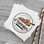 U'Toppings Pizza Bistro custom napkins with pizza slice logo.
