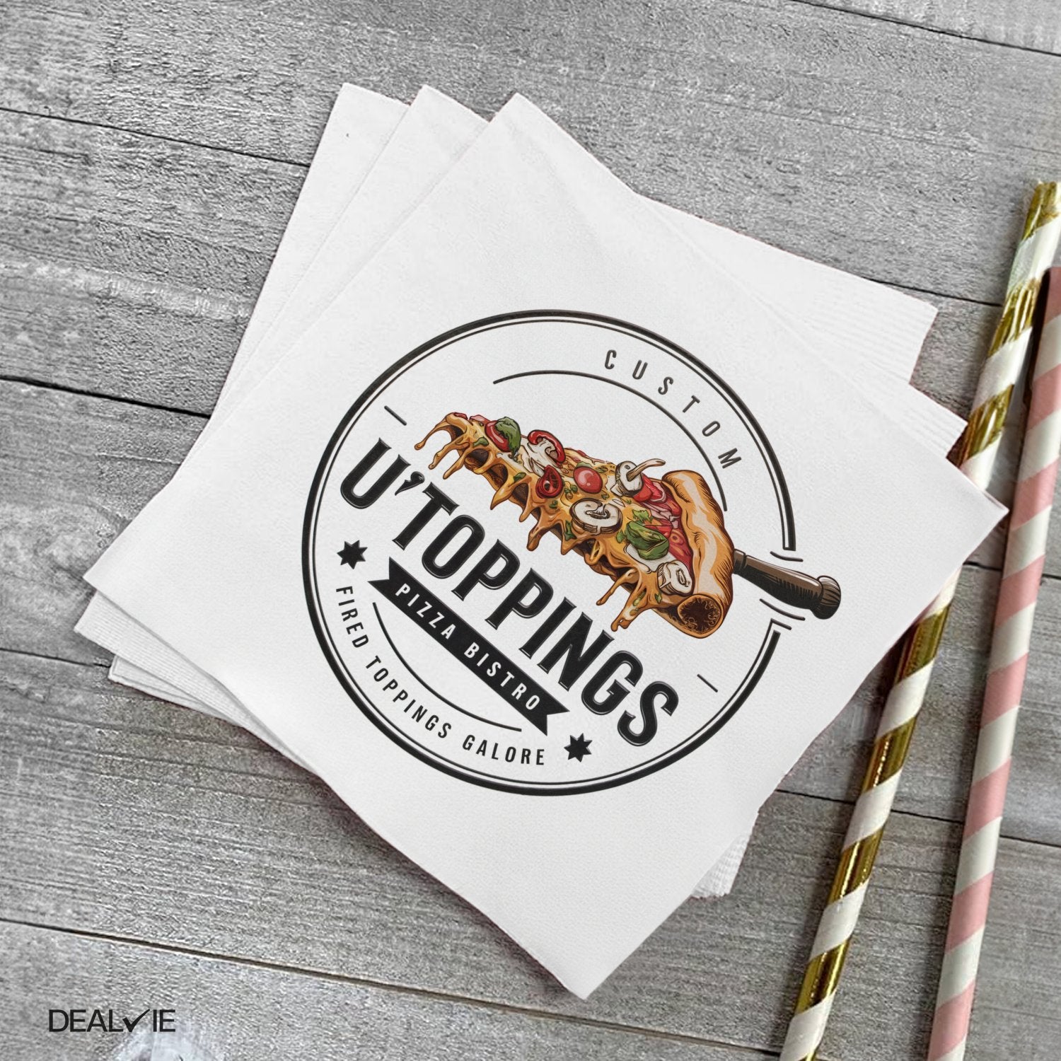 U'Toppings Pizza Bistro custom napkins with pizza slice logo.